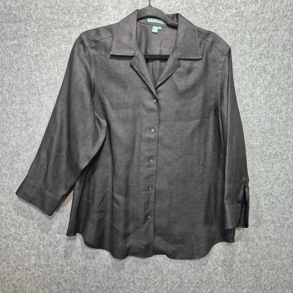 Lauren Ralph Lauren Button Up 100% Linen Shirt L Embroidered Chic Boho Granola